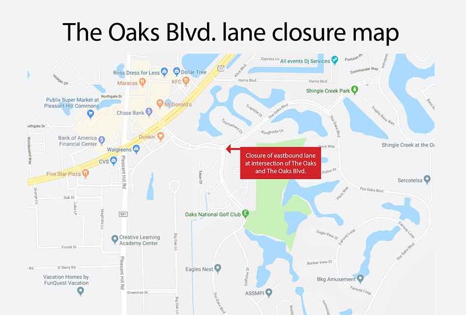 Eastbound Lane Closure at The Oaks Blvd. and The Oaks Blvd. Intersection in Kissimmee Starting Monday, June 24