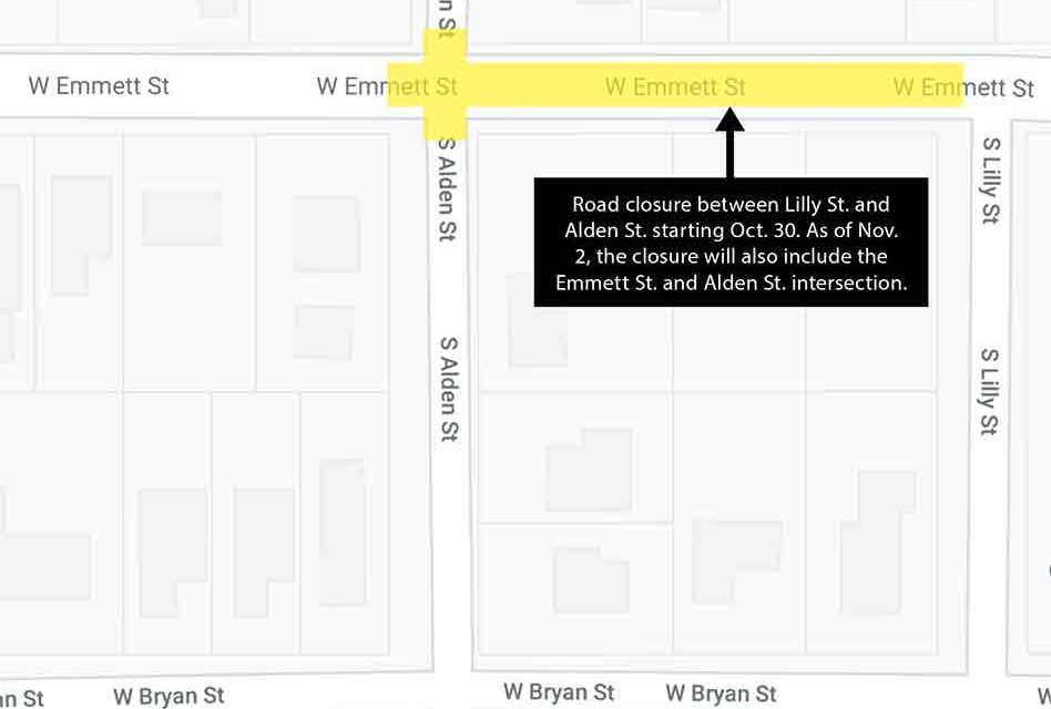 Temporary closure to thru traffic on W. Emmett Street beginning today, October 30 at 9am for sewer project work