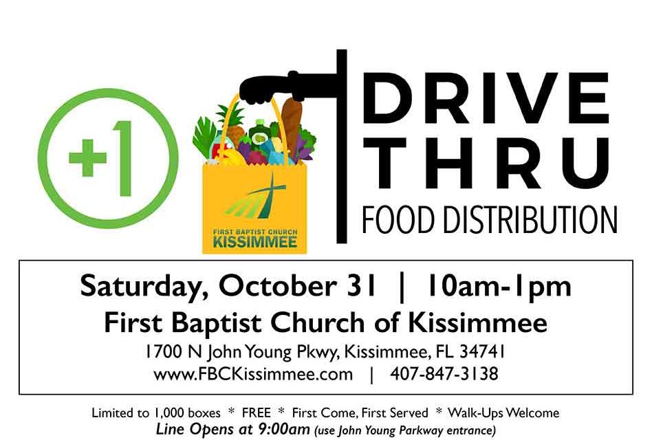 Free Food Distribution Drive-Thru on October 31 from 10am-1pm at First Baptist Church of Kissimmee
