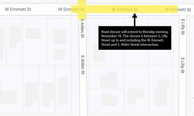 Road closure on W. Emmett Street extended to November 16 after bad weather causes work delay