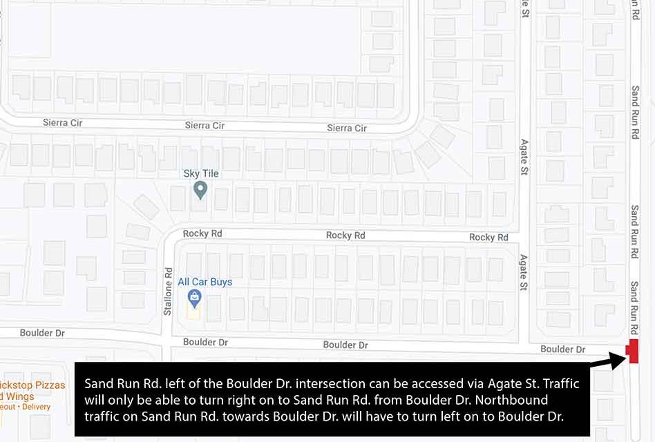 Road closure to thru traffic on Sand Run Rd. at Boulder Dr. intersection beginning January 12