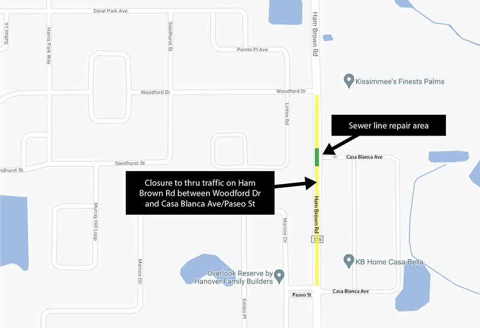 Road closure on Ham Brown Rd between Woodford Dr, Casa Blanca Ave