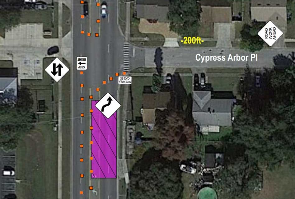 Shifting lane closures on Michigan Ave between Mill Creek Cir and Cypress Arbor Pl extended through August 16