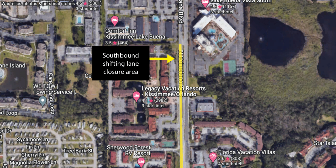 Southbound lane closures on Poinciana Boulevard south of US 192 intersection for road restoration March 11
