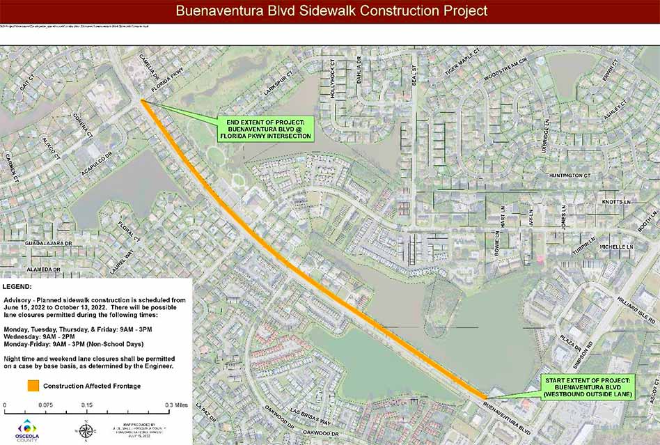 Osceola County announces Northbound Buenaventura Boulevard sidewalk project, single-lane road closure possible