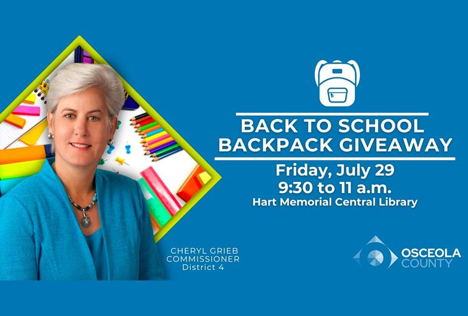 Osceola County to host Back to School Backpack Giveaway Inside Kissimmee Hart Memorial Library Friday with Commissioner Cheryl Grieb