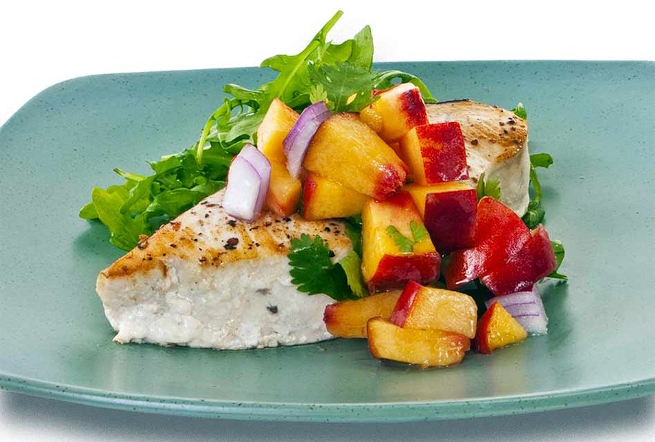 Seared Florida Swordfish Steaks with Arugula and Peach Salsa, it’s Positively Delicious!