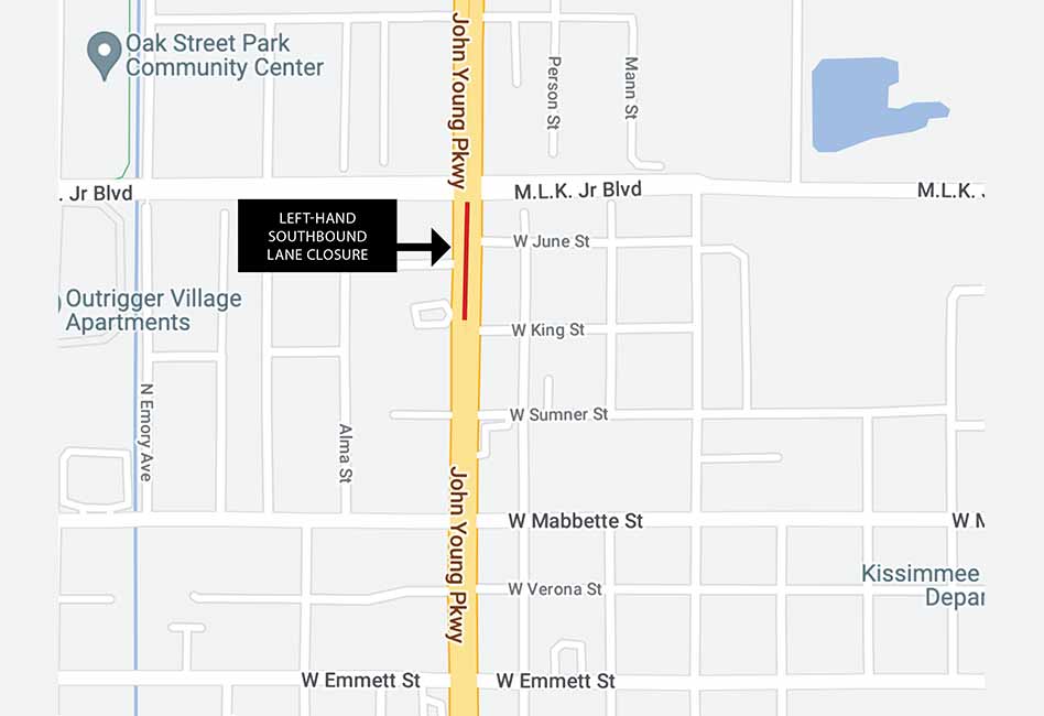 Southbound lane closed on John Young Pkwy between MLK Blvd and King St in Kissimmee for upcoming sewer repair project