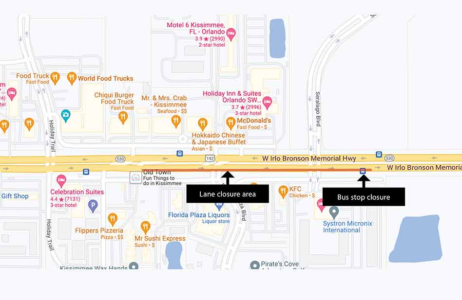 Toho Water announces outside eastbound lane closure on US 192 in Old Town area for sewer line repair