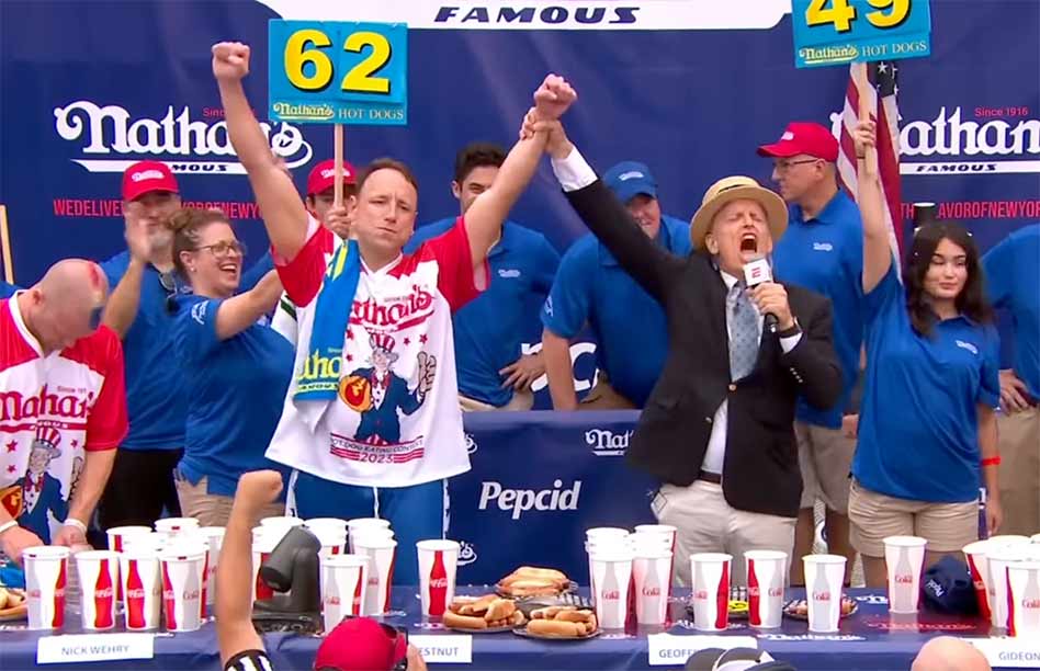 Joey Chestnut slams 62 hot dogs at 2023 Nathan’s Famous Hot Dog Contest, claims 16th title