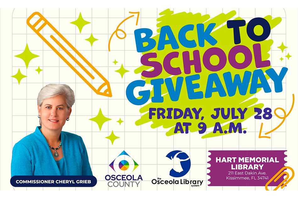 Osceola County Vice Chair, District 4 Commissioner Cheryl Grieb to host Back to School Backpack at Kissimmee Hart Memorial Library