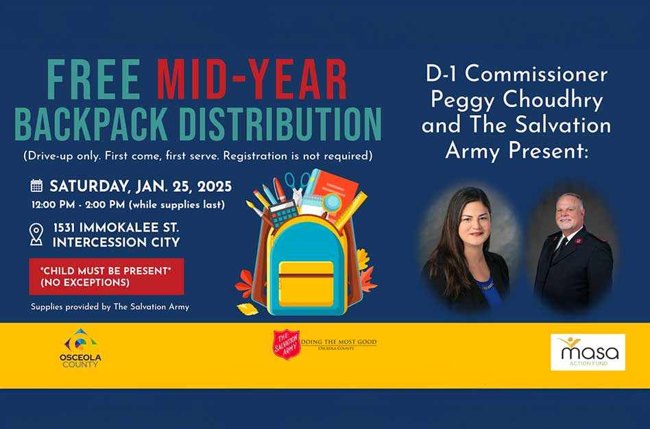 Commissioner Peggy Choudhry and The Salvation Army to Host Free Mid-Year Backpack Distribution in Intercession City