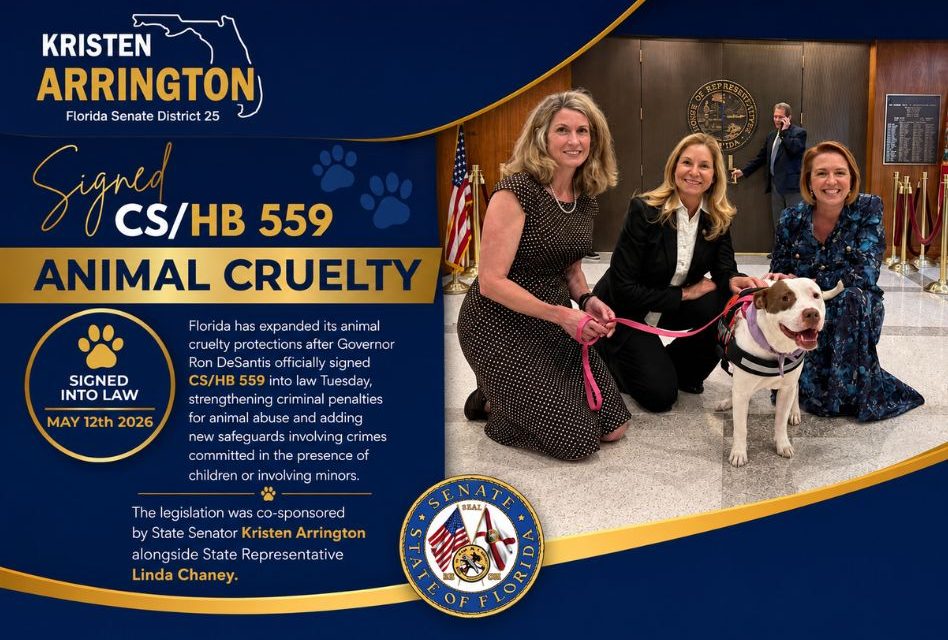 State Senator Kristen Arrington Applauds Signing of Animal Cruelty Protection Law She Sponsored With Rep. Linda Chaney